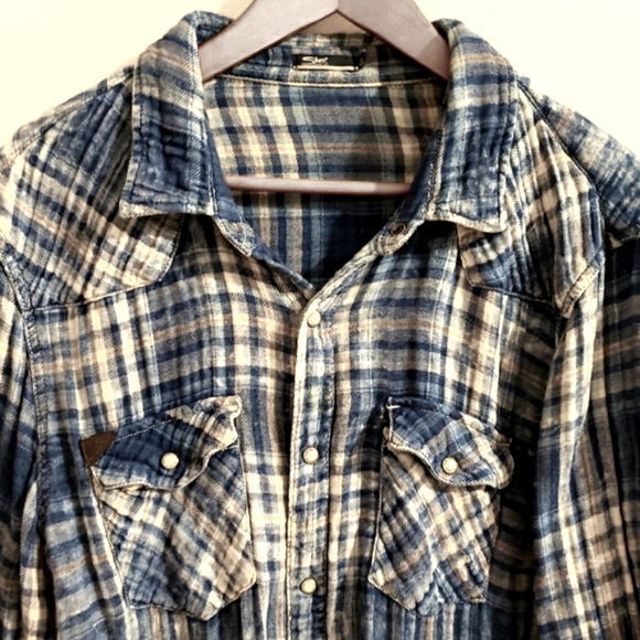 Silver Blue Plaid Soft Light  Flannel Stone Buttons Boho Western Women's Large - Picture 3 of 15
